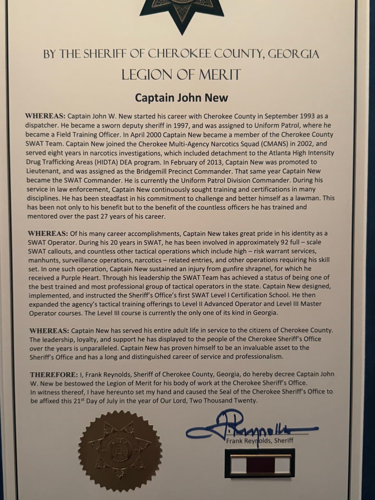 Captain John New - Legion of Merit, Cherokee County